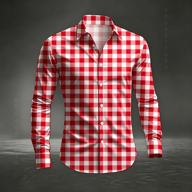 2026 Men's New Classic Plaid Shirt with Plaid Printing, Slim Fit Collar Long Sleeve Shirt, Men's Top, Comfortable Fabric XS-6XL