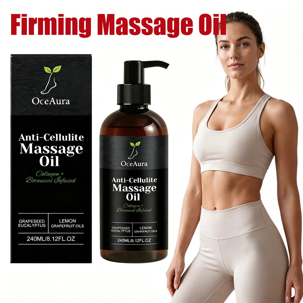 OceAura Collagen Firming Body Oil by Showlu Fashion Store, hydrating and smoothing massage oil with a sleek bottle and golden accents.