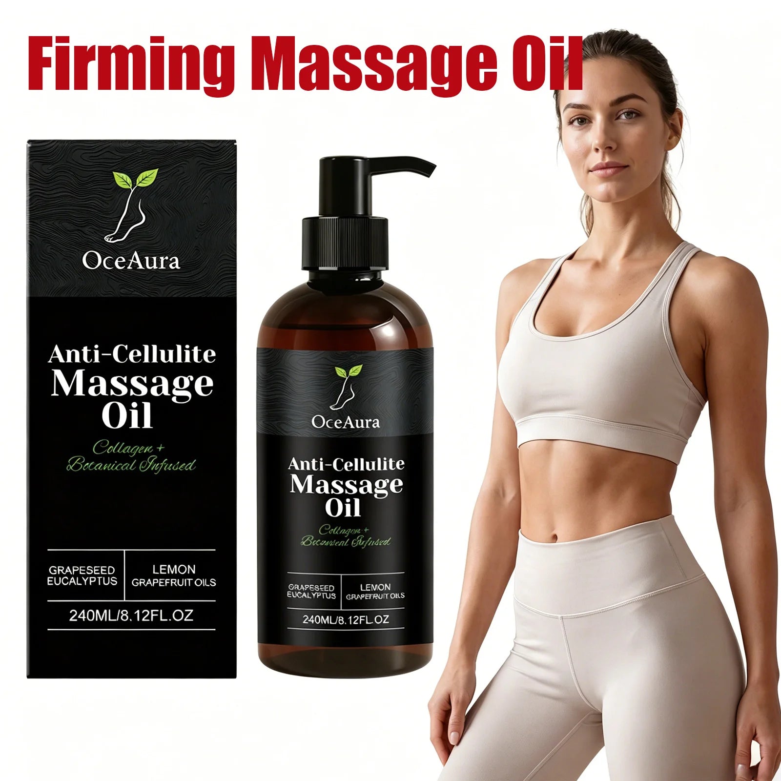 OceAura Collagen Firming Body Oil by Showlu Fashion Store, hydrating and smoothing massage oil with a sleek bottle and golden accents.