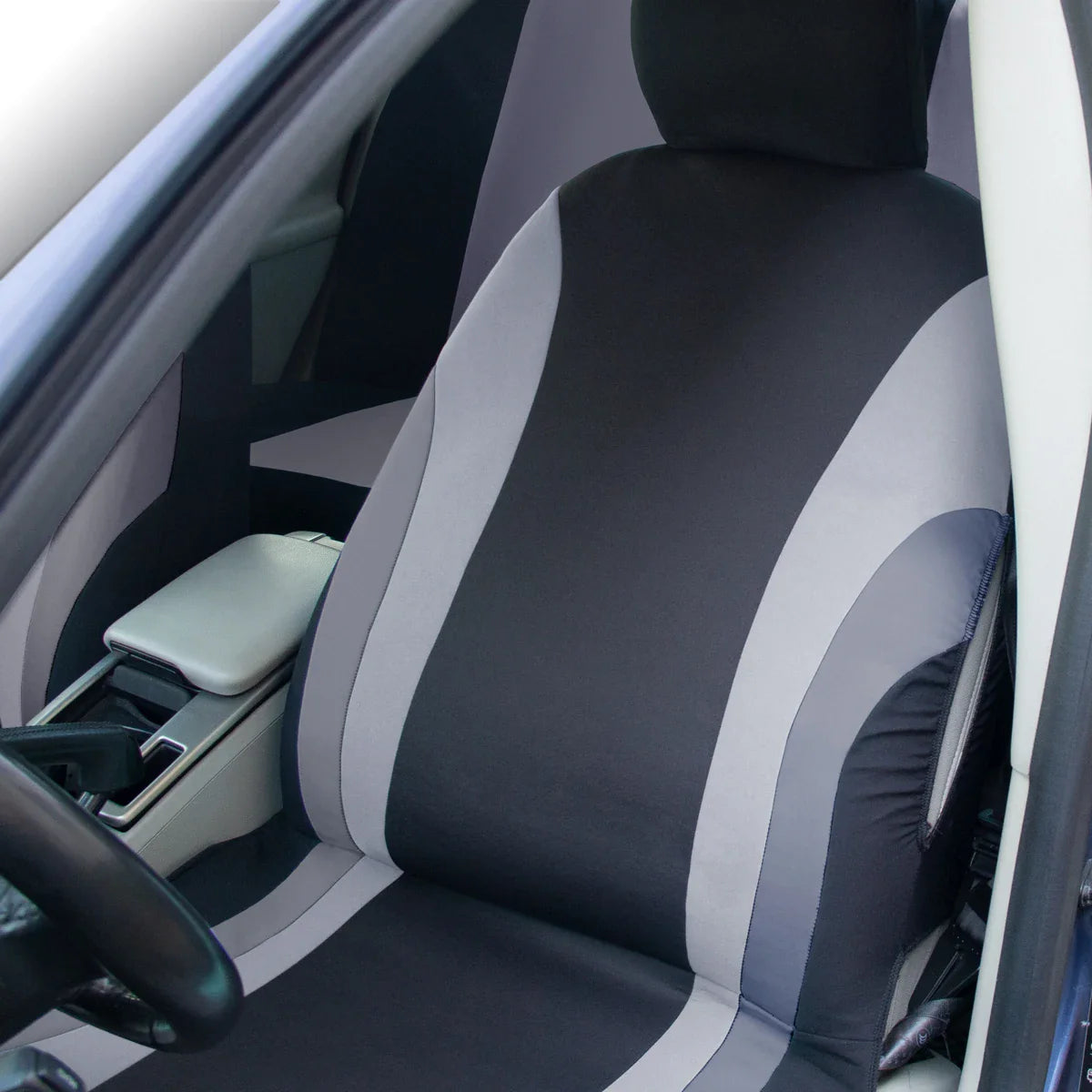 Universal polyester car seat covers by Showlu Fashion Store, full 9-piece set protecting front and rear seats in black fabric.