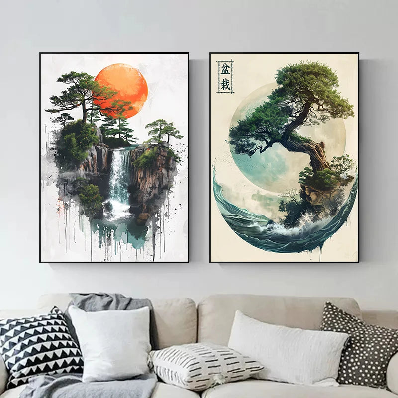 Japanese landscape wall art featuring a samurai, geisha, bonsai, torii gate, and sakura blossoms in a canvas painting for home decor.