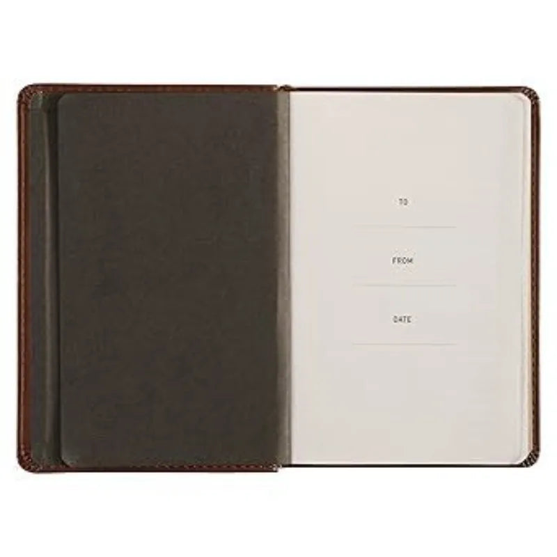 Brown leather men's prayer journal titled Showlu One Minute With God, designed for daily reflection and prayer.