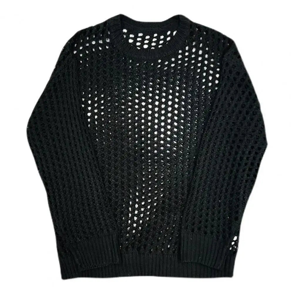 Comfortable Men Shirt Men's Hip Hop Mesh Fishnet Clubwear Top Solid Color Round Neck Long Sleeve See-through Pullover for Men