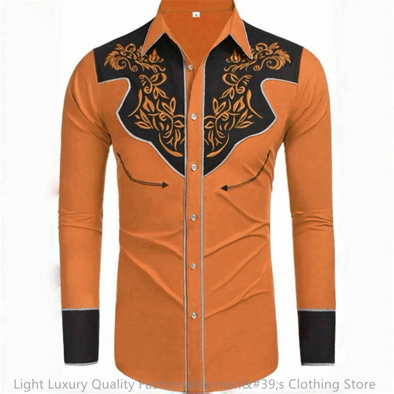 Men's long-sleeved retro western denim shirt in large size, casual loose fit with soft fabric, featuring 20 color options.