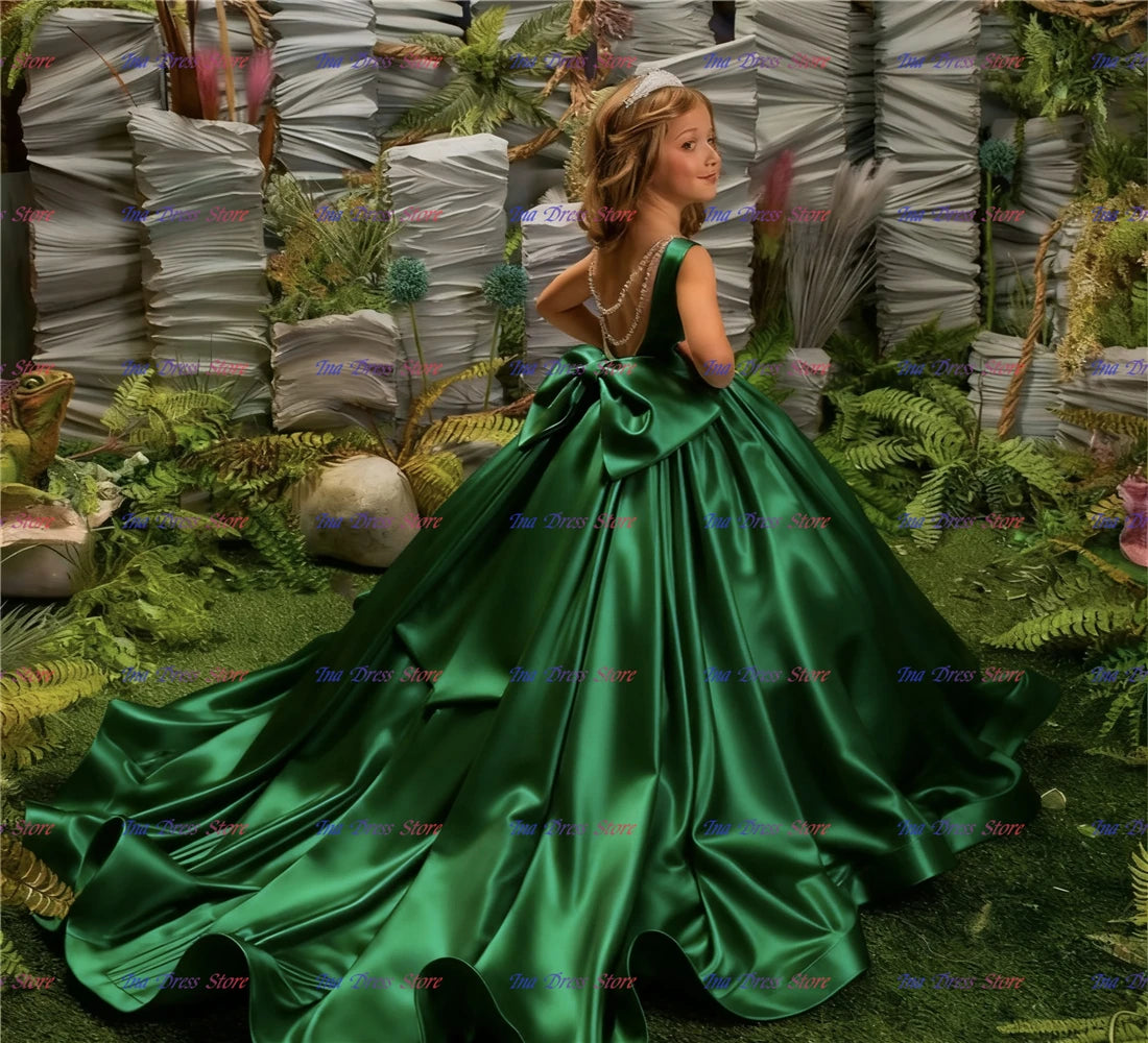 Elegant Red Flower Girl Dress Quality Satin Fluffy Pearl Princess Ball Beauty Little Girls Birthday Party Evening Ball Gowns