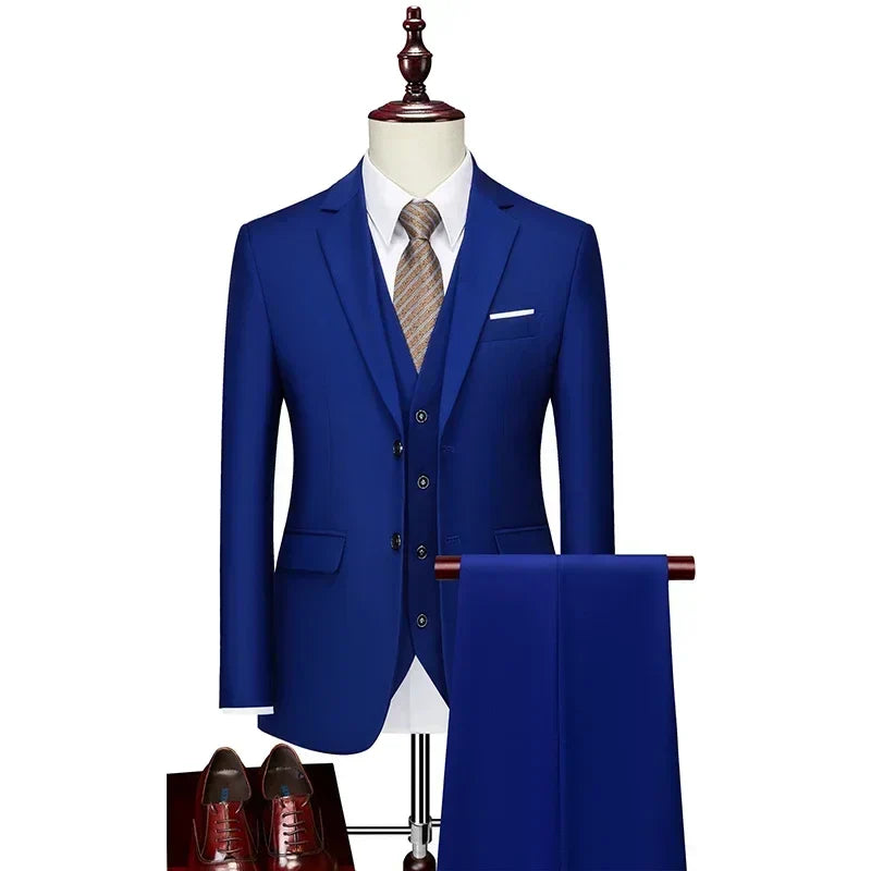 Men's slim fit suit by SHOWLU FASHION STORE, solid black tuxedo with blazer, vest, and trousers for formal business occasions.