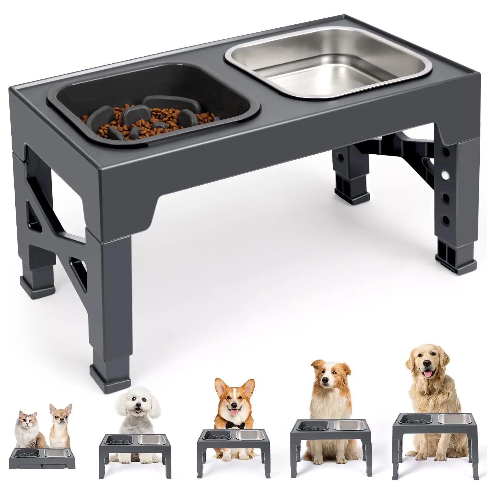 Elevated 2-in-1 slow feeder dog bowl set with stainless steel and plastic, non-slip stand for food and water.