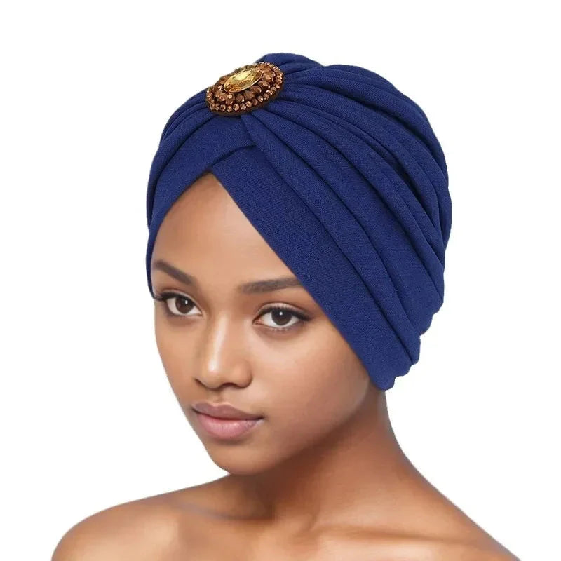 Showlu Fashion women's diamond-pleated turban hijab cap wrap, stylish chemo cap with elegant pleated design