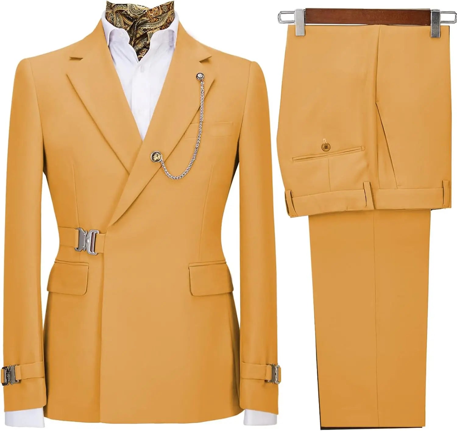 Men's slim fit 2-piece suit with metal clasp, stylish business casual tuxedo, showing the sleek jacket and matching trousers.