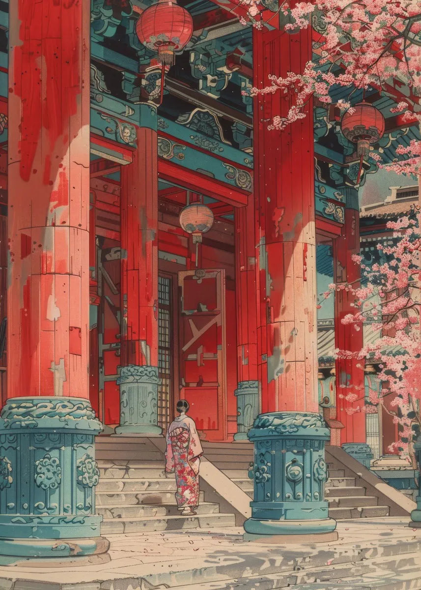 Japanese landscape poster featuring samurai, geisha, bonsai, torii gate, sakura blossoms, wall art for home decor.