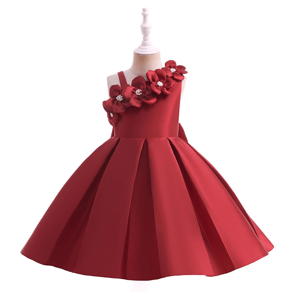 Elegant girls' summer flower party dress with bow, perfect for birthdays, Christmas, weddings, and princess-themed events.