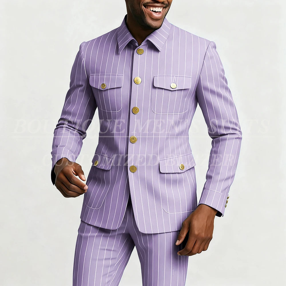 Elegant men's pinstripe suit by Showlu Fashion, single-breasted, slim fit with stand lapel, includes jacket and pants.