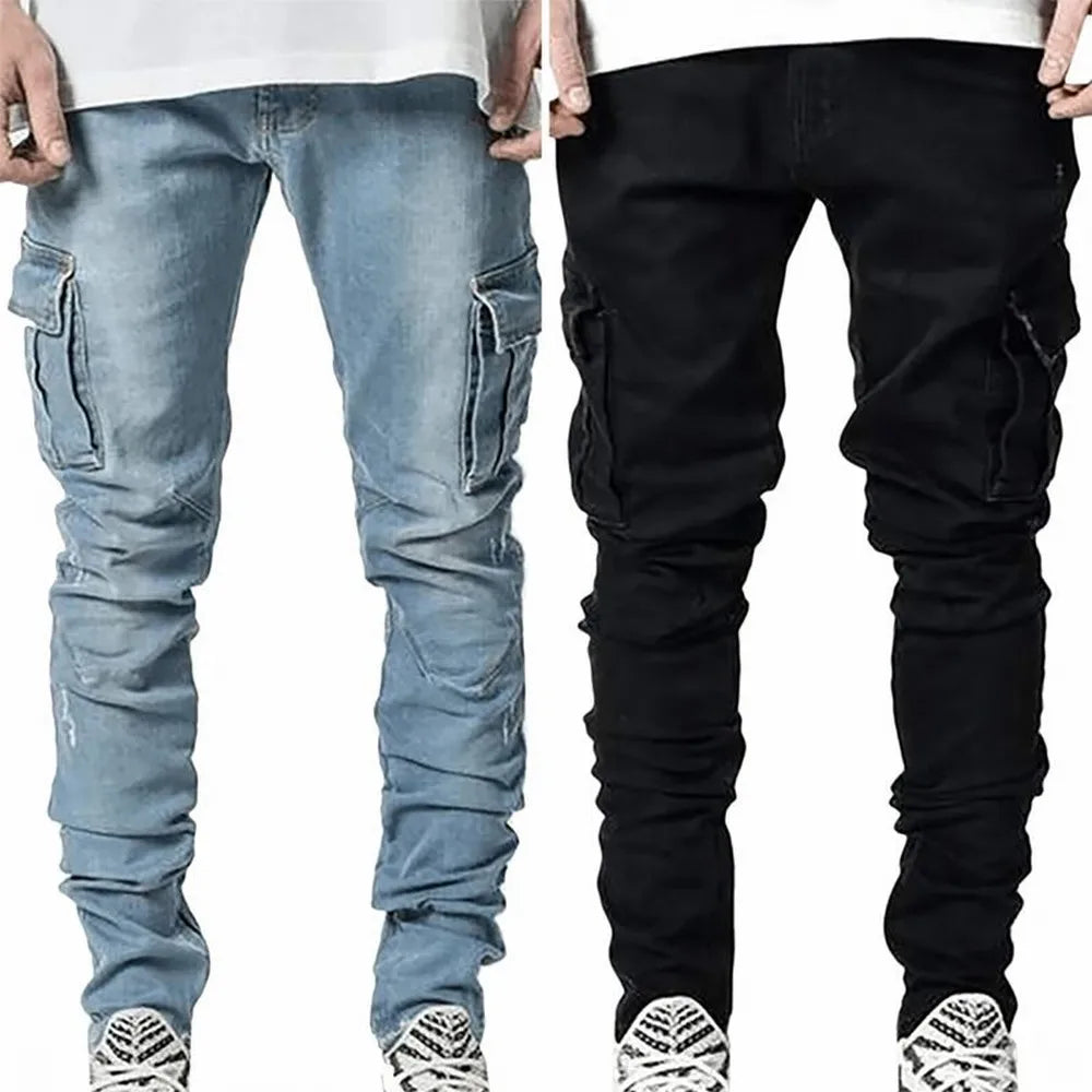 Men's street elastic denim cargo jeans with multi pockets, slim fit, mid waist, casual style, solid color, Showlu Fashion.