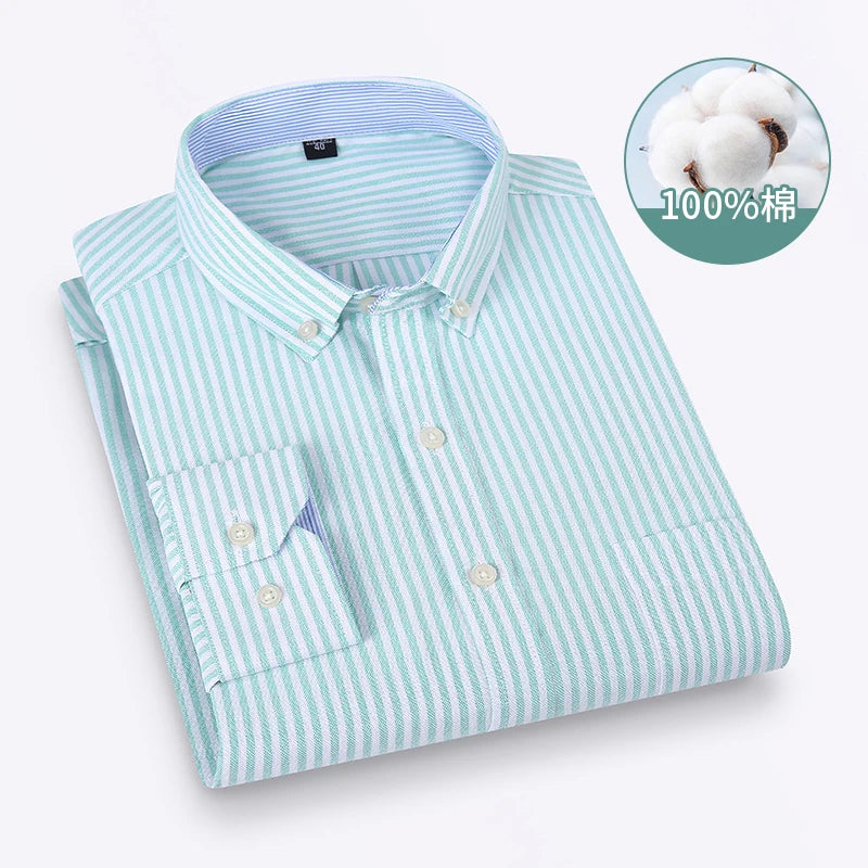 Long sleeve men's plaid cotton Oxford dress shirt in size 6XL, soft regular fit formal shirt for men, shown in image.