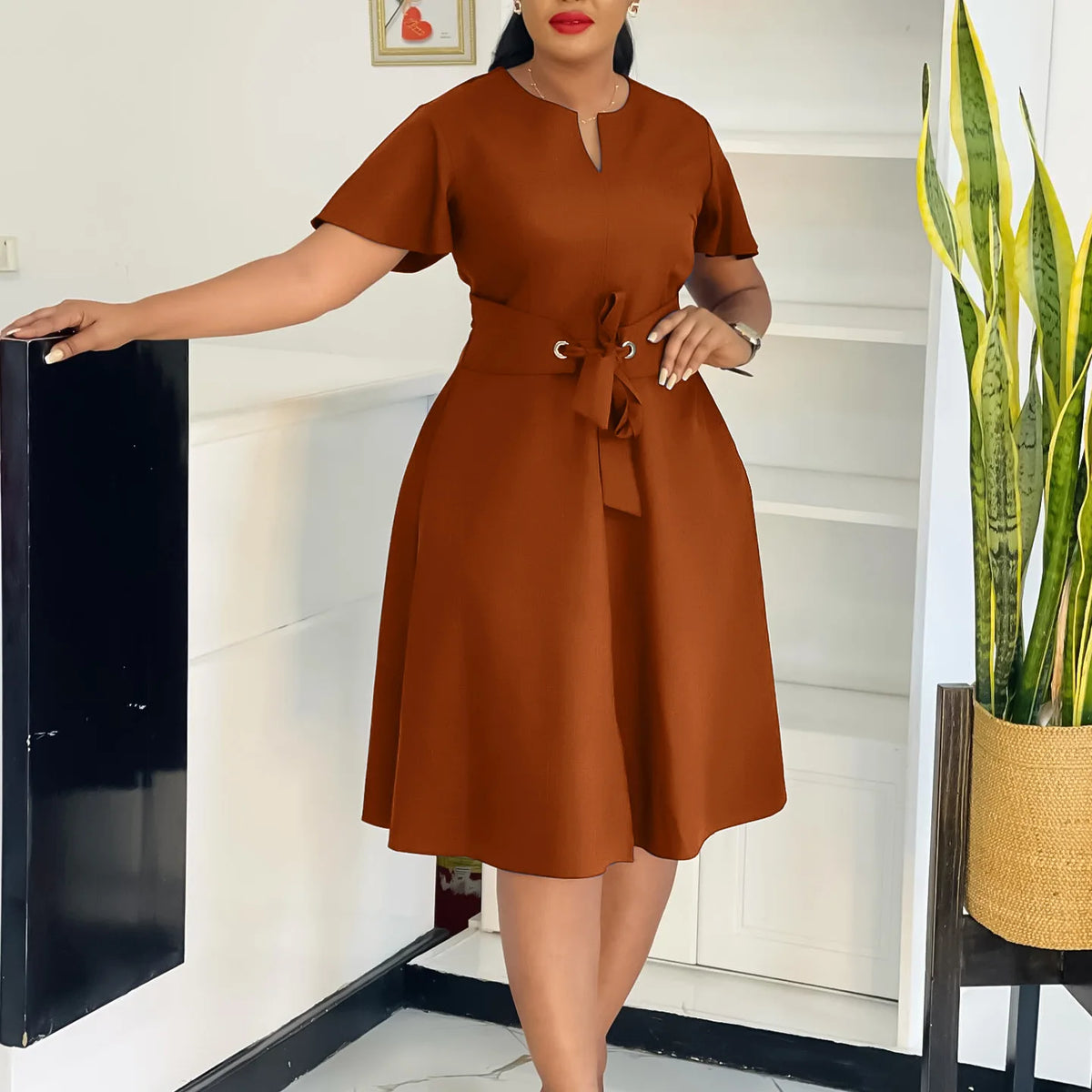 Women's plus Size Swing Dress Summer 2025 Fashion Temperament Solid Color Lace-Up Short-Sleeved Elegant Casual Maxi Dress