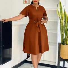 Women's plus Size Swing Dress Summer 2025 Fashion Temperament Solid Color Lace-Up Short-Sleeved Elegant Casual Maxi Dress