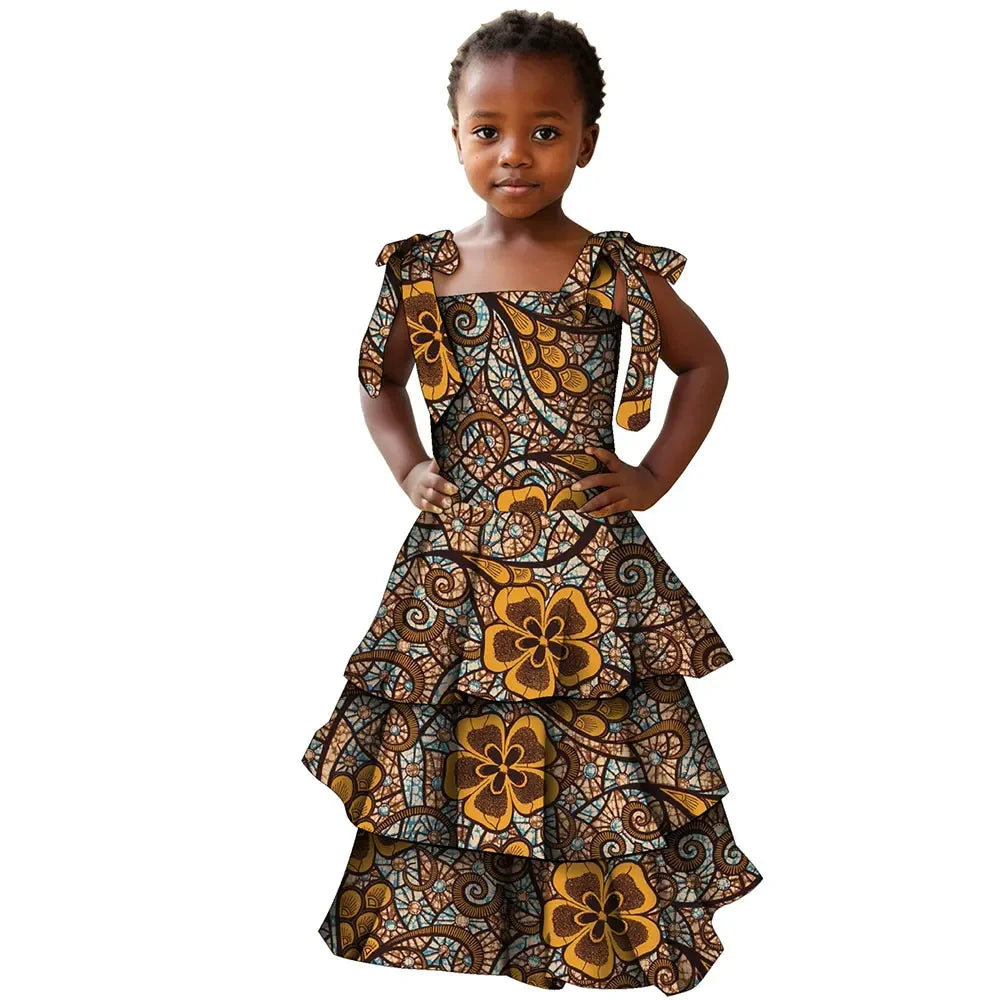 African print cotton girl’s party dress featuring Bazin Riche style with vibrant patterns and traditional design from SHOWLU FASHION STORE