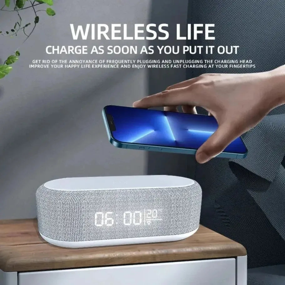 Showlu Smart General 15W wireless charging alarm clock with LED night light, digital display and sleek modern design.