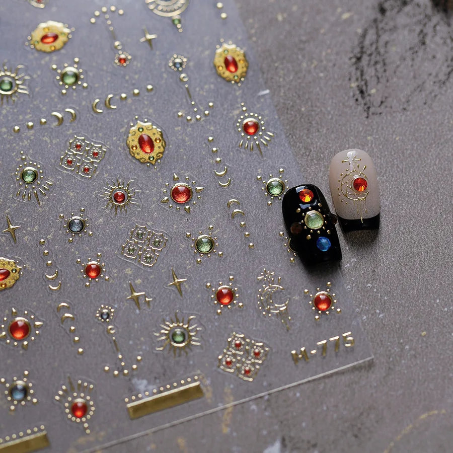 Elegant gold scepter 5D nail art stickers with gemstone patterns, self-adhesive manicure decals for luxurious nail designs
