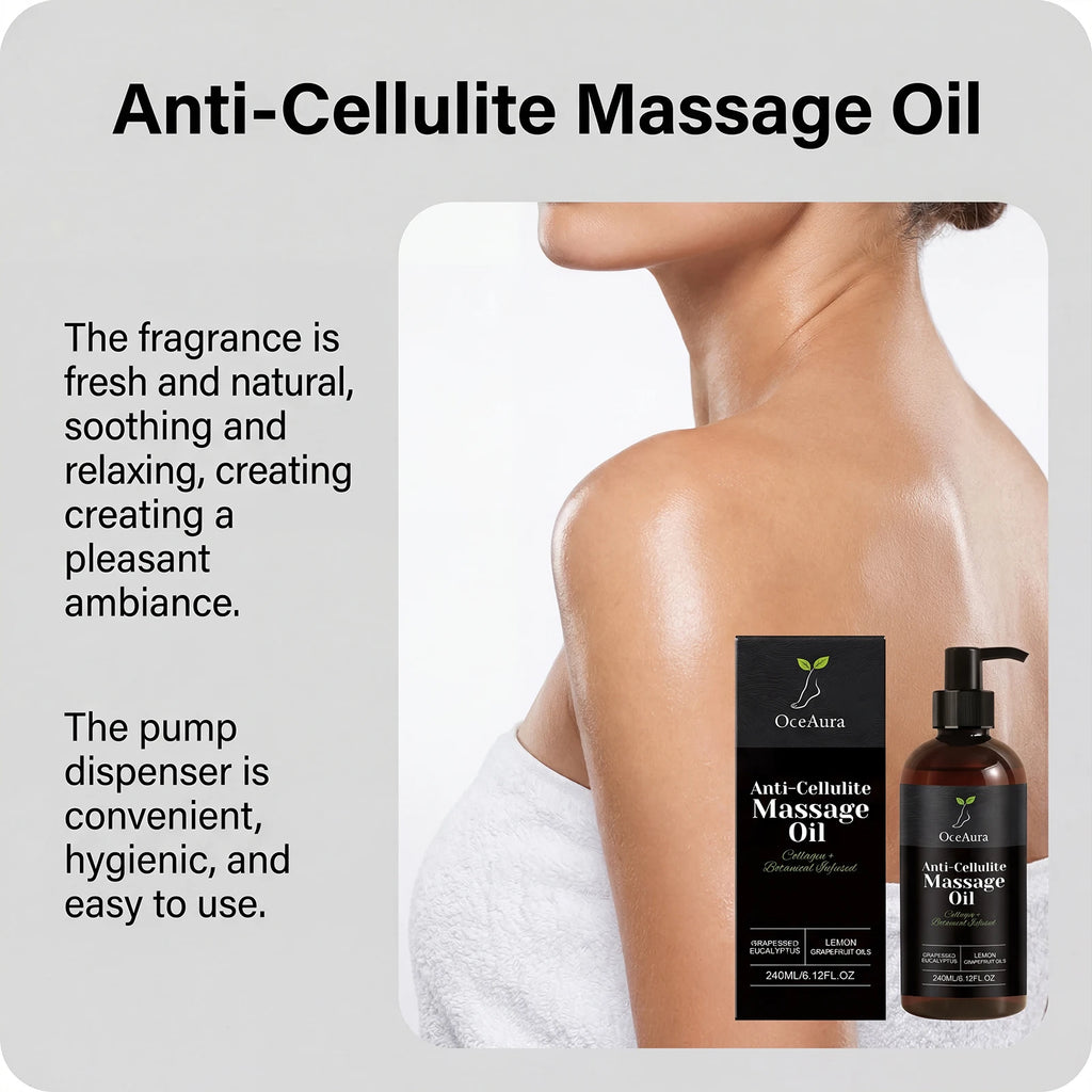 OceAura Collagen Firming Body Oil by Showlu Fashion Store, showing a sleek bottle of hydrating and smoothing massage oil.