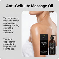 OceAura anti-cellulite massage oil in a pump bottle next to its product box.