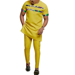African Fashion Yellow Men's Set Outfits Short Sleeve Tops Patch Trousers Nigerian Print Male Pant Suits Party Wear Customized