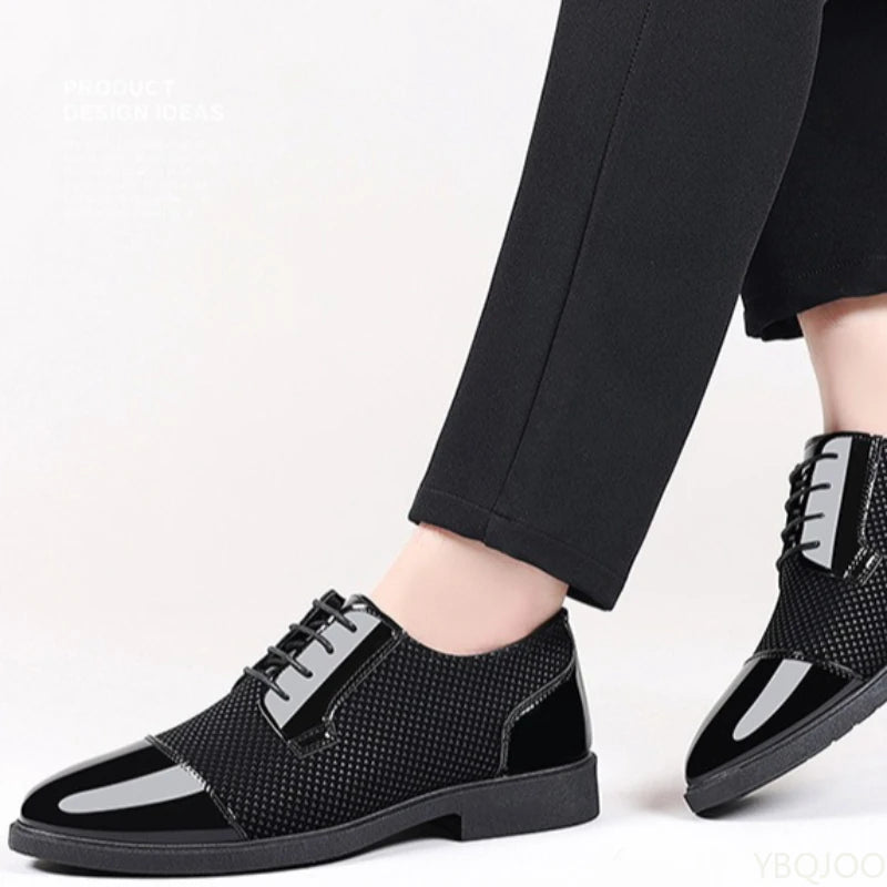 Showlu Fashion Men's black height increasing shoes with pointed toe and breathable design, ideal for formal wear