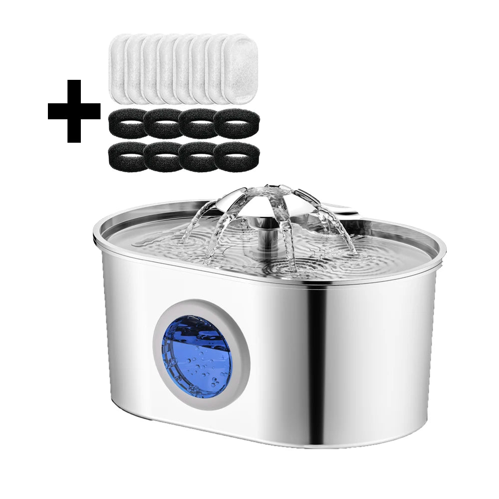 Stainless steel cat water fountain from Showlu Fashion Store, ultra-quiet pet dispenser with flowing water for cats.