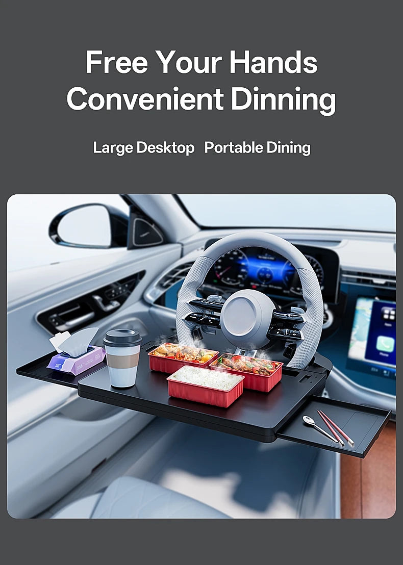 Showlu Smart General car steering wheel tray attached to a steering wheel, providing a convenient surface for snacks or small items.