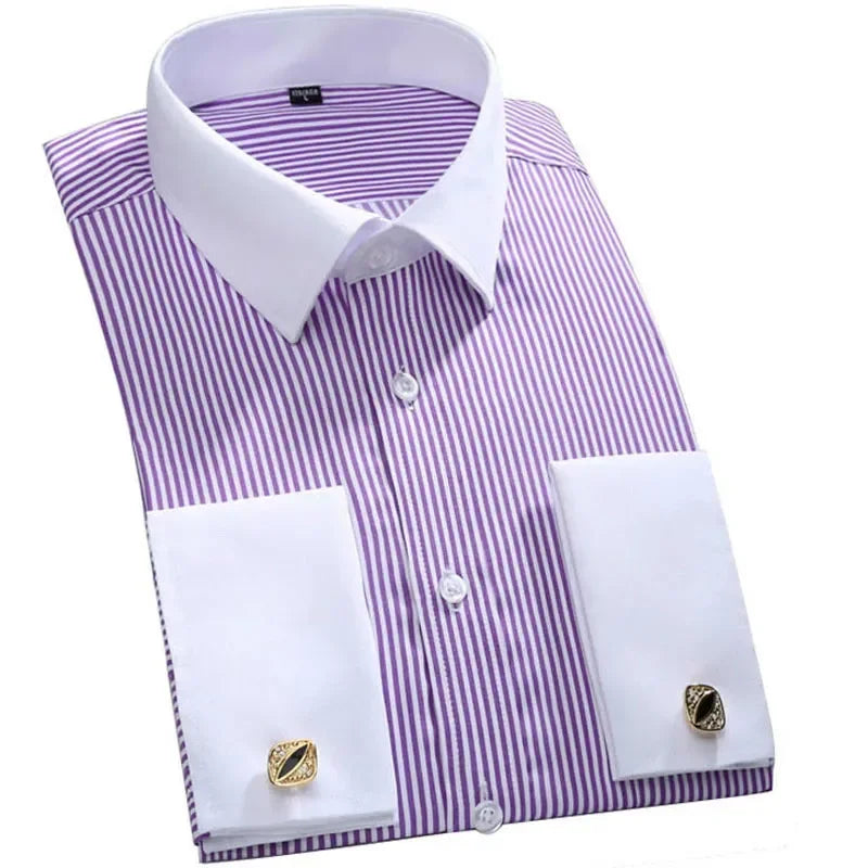 Men's formal French cuff dress shirt with long sleeves, solid and striped design, includes cufflinks, available in plus sizes.
