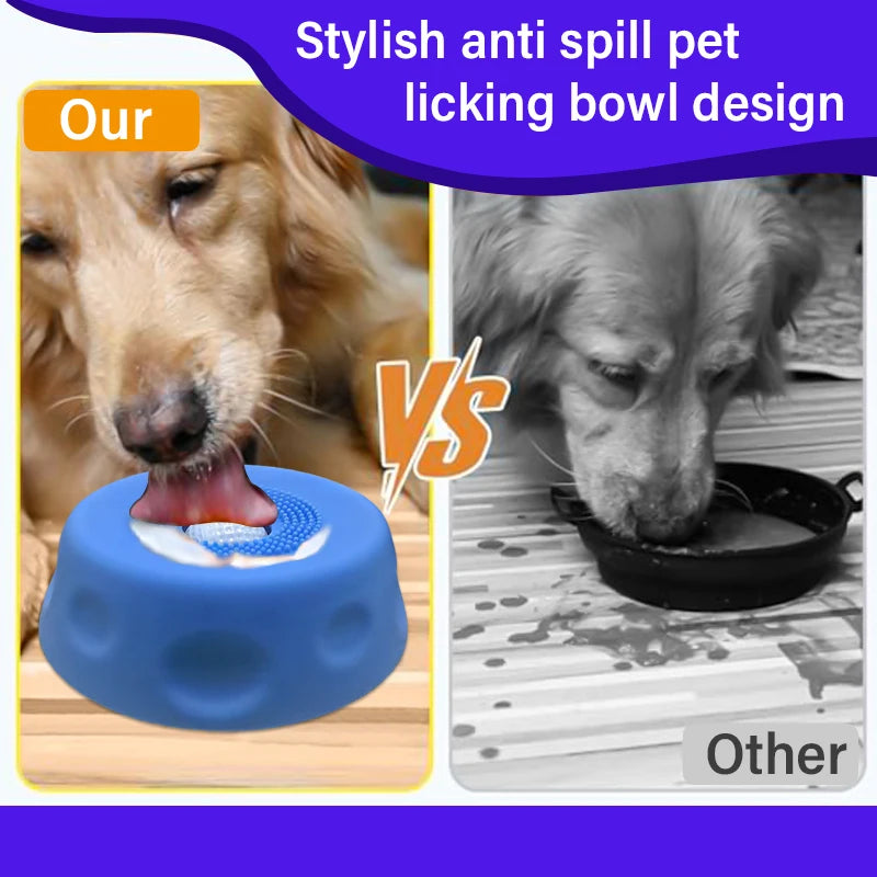 Showlu Fashion fast feeder dog bowl with bone broth flavor, anti-slip base, and ball-in design for entertaining liquid treats for dogs.