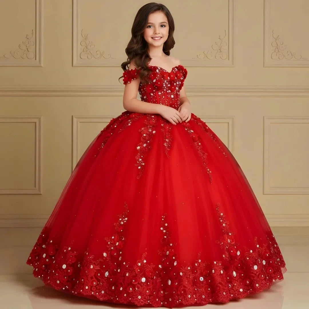 Customized Wedding Birthday Prom Party Red Flower Girl Dress Tulle Floral Appliques With Bow For Evening Banquet Princess Gown
