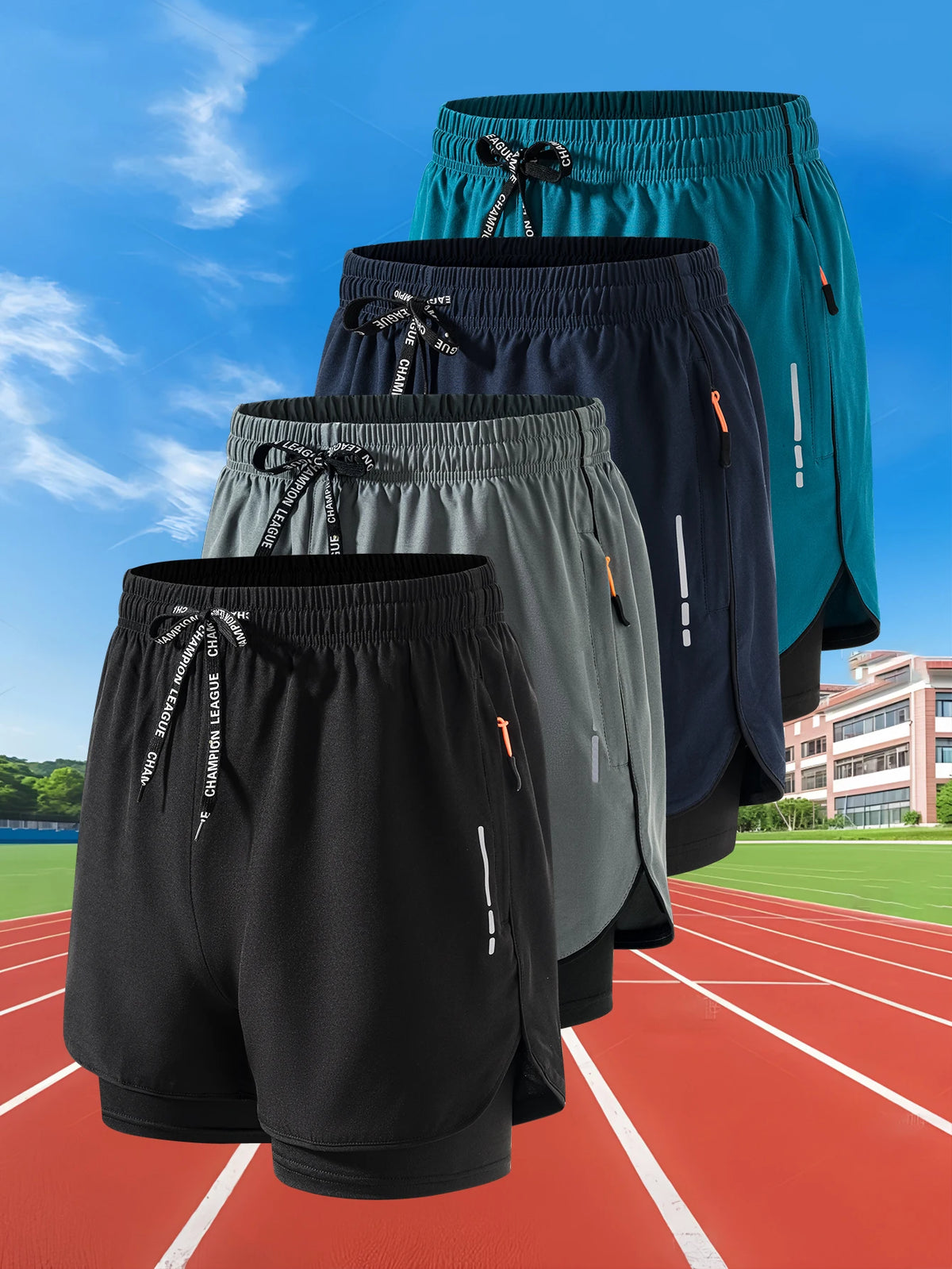 Men's summer running shorts by Showlu Fashion, 2-in-1 fitness gym training shorts, quick-dry fabric, ideal for jogging and workouts.