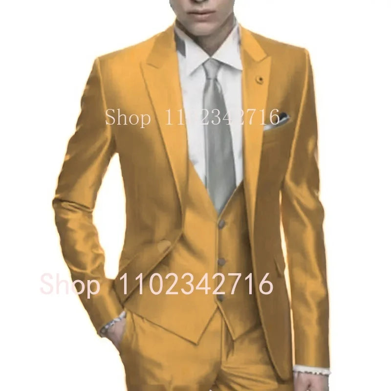 Showlu Silver Grey Satin men's 3-piece slim fit formal tuxedo for wedding occasions, featuring tailored jacket, vest, and trousers.