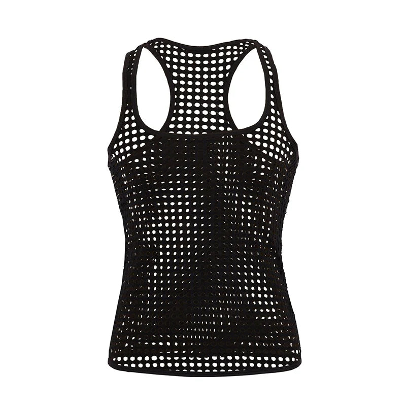 Sexy Men Sleeveless Mesh Sheer Tank Vest Tops  Gym Training Tank Vest Fish Net Hollow Out See Through Tank