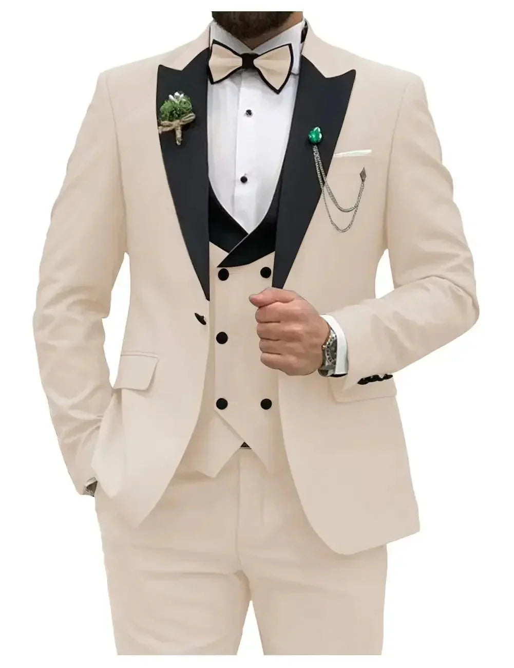 SHOWLU Men's slim fit 3-piece wedding tuxedo suit with peak lapel, including jacket, vest, and trousers, formal and stylish.