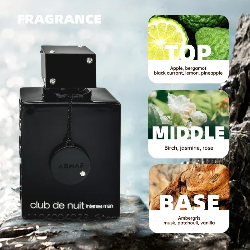 Unisex citrus fragrance Armaf Club De Nuit Intense Man EDT 105ml bottle, fresh and vibrant scent, shown in a sleek spray bottle.
