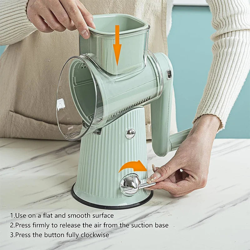 Stainless steel LMETJMAC 5-in-1 rotary cheese grater and mandoline slicer with multiple blades for versatile food preparation