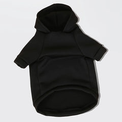 A plain black hooded pullover sweater for small pets made from knit fabric.