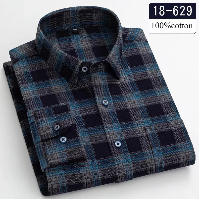 Showlu Fashion slim fit men's brushed cotton long-sleeve shirt with plaid and striped patterns, soft casual formal wear
