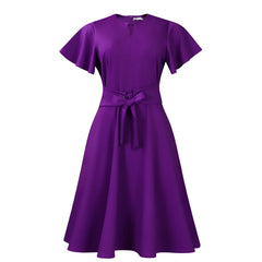2025 Summer Fashion Solid Color Tie Waist Short Sleeve Dress Formal Midi Dress Going Out Outfits Elegant Women Clothing Style