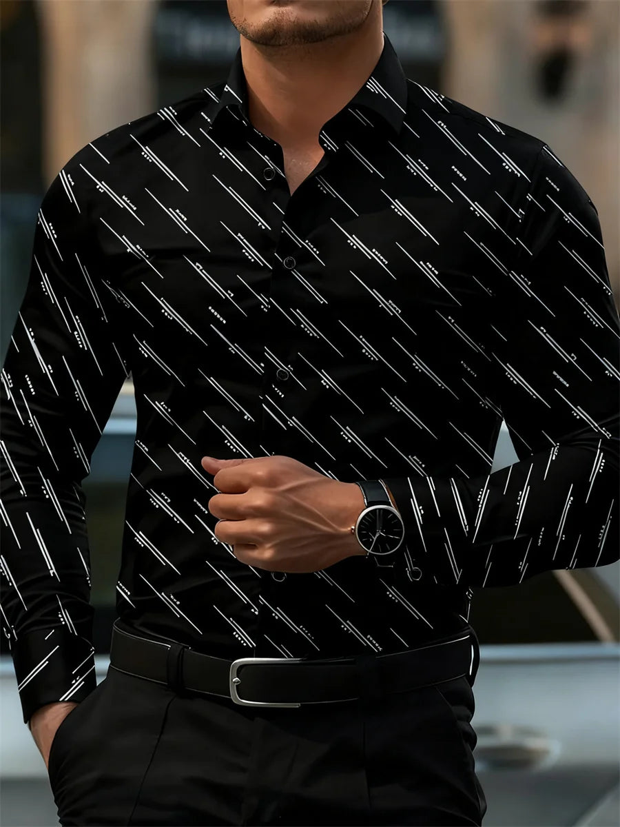 Men's long sleeve shirt with geometric line print, versatile casual and office wear from Showlu Fashion Store.