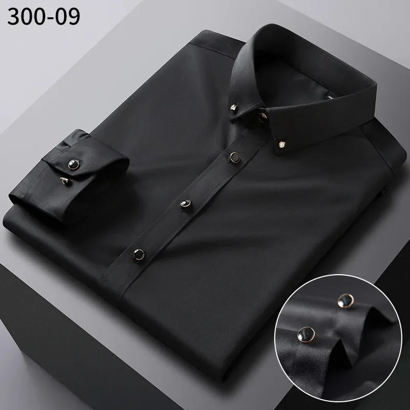 Men's long sleeve silk shirt by Showlu Fashion Store, soft, no-iron, anti-wrinkle formal business dress with diamond buttons.
