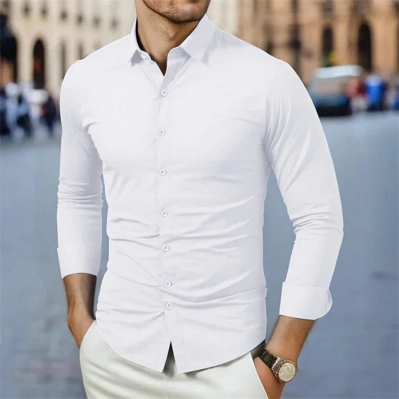 Men's business casual long sleeve shirt by Showlu Fashion, solid color, wrinkle-resistant, comfortable all-season versatile top