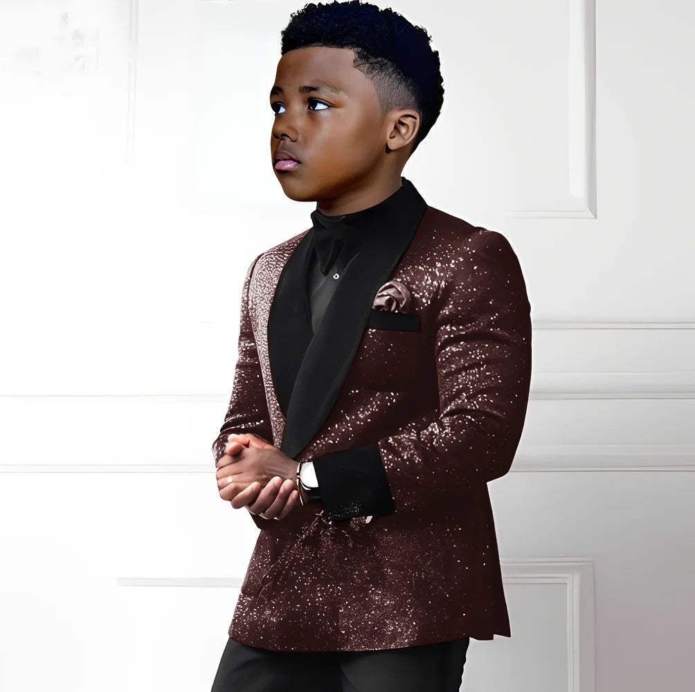 Sequin boys' 2-piece suit with double-breasted blazer and pants, stylish wedding tuxedo outfit for kids aged 2-16 years.