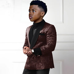 Sequin boys' 2-piece suit with double-breasted blazer and pants, stylish wedding tuxedo outfit for kids aged 2-16 years.