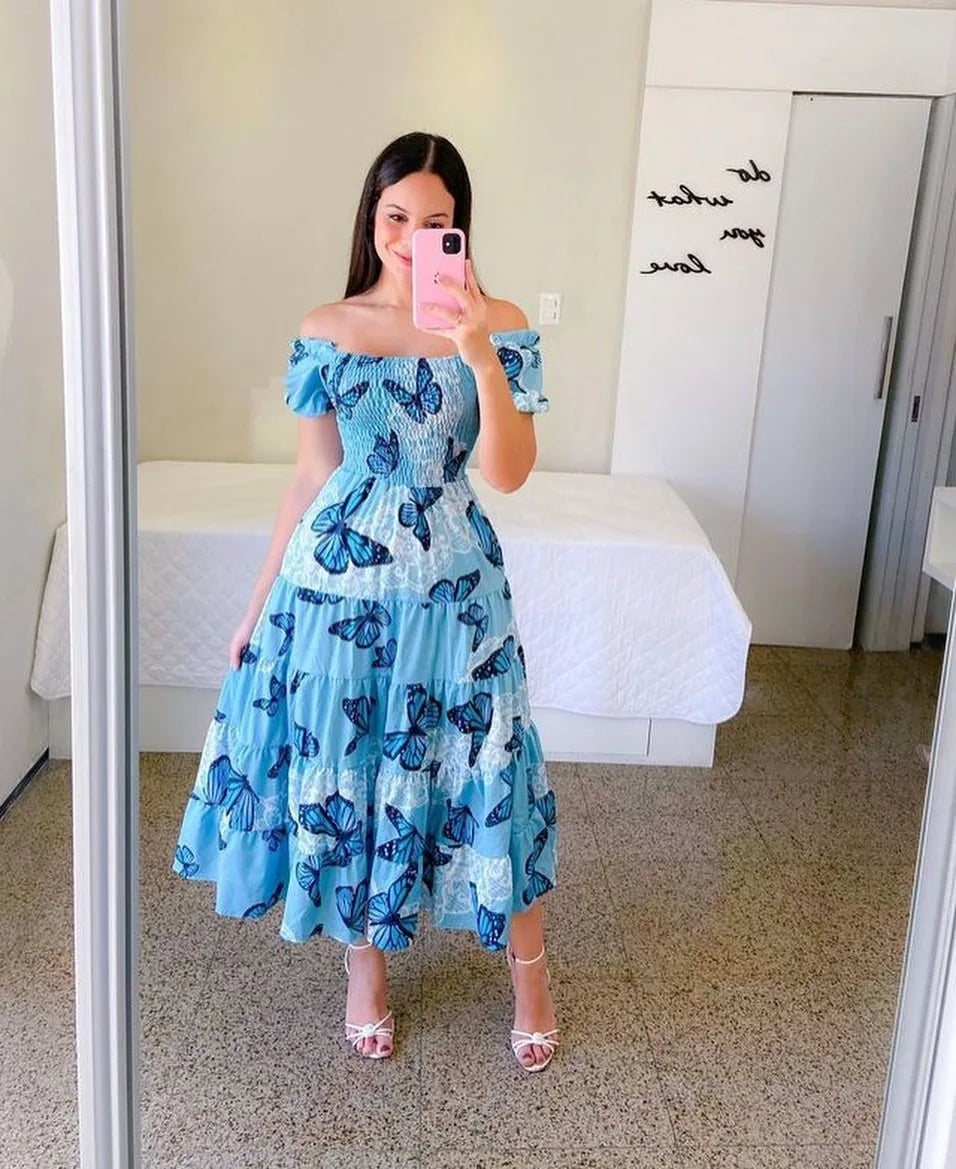 FUXIONGFU women's high waisted A-line summer dress with slash neck and floral print, stylish and comfortable for warm weather