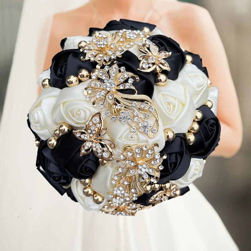 Navy silk rose wedding bouquet with artificial bridal flowers, 20cm size, featuring elegant silk roses for wedding decor