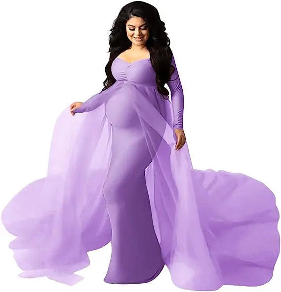 Deep V-neck lace maternity dress with long sleeves and feather details, ideal for photoshoots, by Showlu Fashion Store.