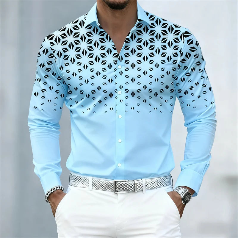 Men's long sleeve geometric pattern print shirt in 17 colors, trendy slim fit casual shirt by Showlu Fashion Store